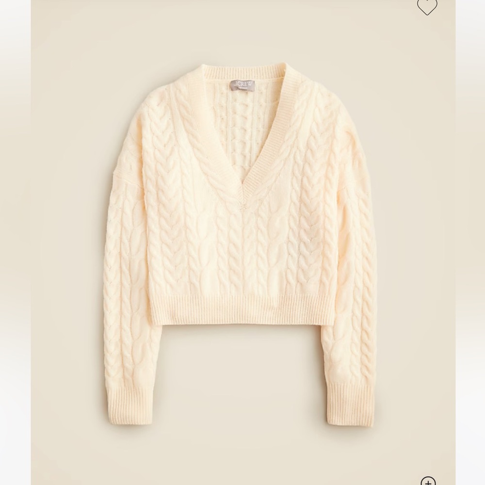 Jcrew Cream Cashmere cropped cable knit v neck sweater